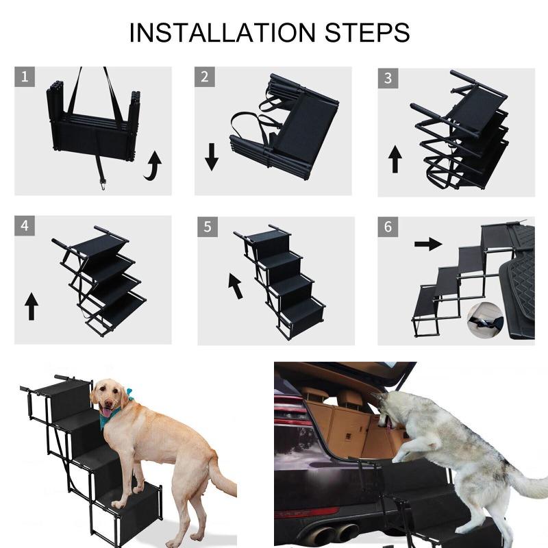 4 Steps Dog Stair Portable Folding Dog Ramps for Car SUV Truck Anti-slip Durable Die-cast Metal Pet Ramp Steps Ladder with Strap