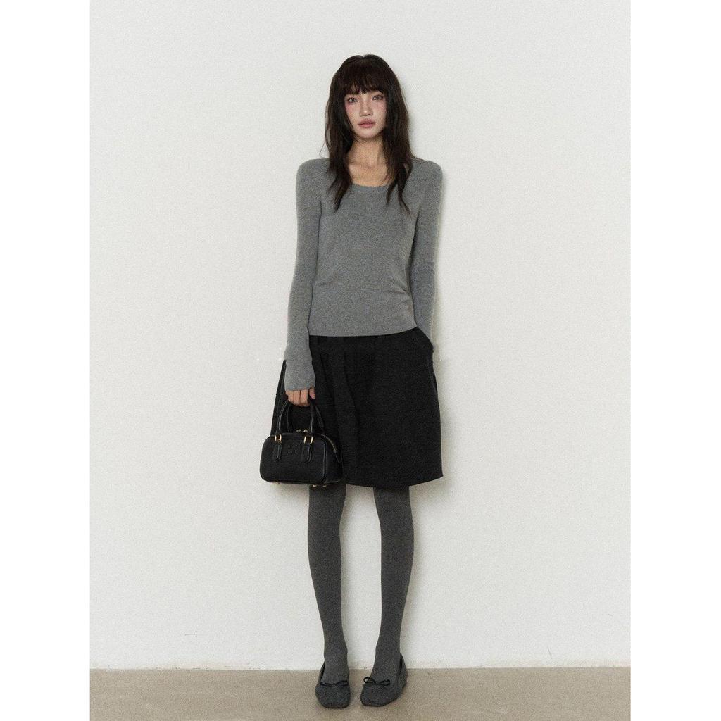 Vintage High-Waisted Wool Midi Skirt with Pockets - Gray Fluffy Design for Autumn/Winter