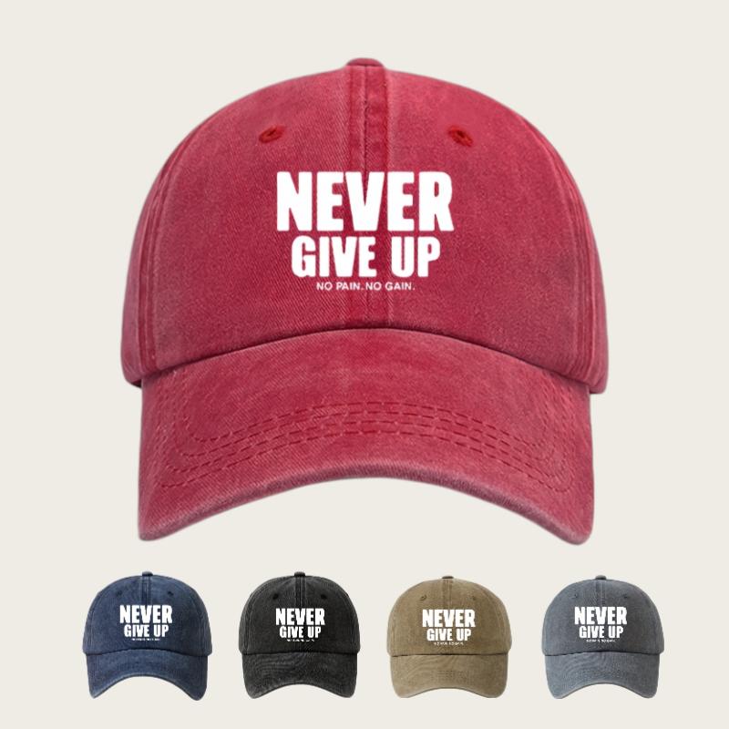 1pc Vintage Distressed Baseball Cap "NEVER GIVE UP" Funny Print Breathable Hat for Women and Men,Adjustable Outdoor Vacation Cap