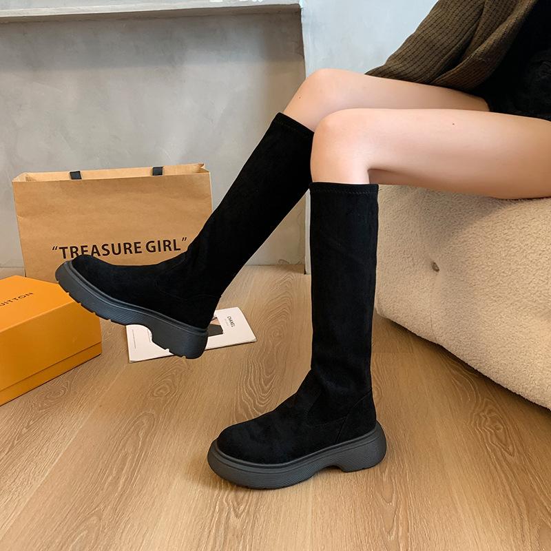 But Knee Boots Women's Flat Bottom New Spring and Autumn Elastic Thin Boots Small Long Boots High Martin Boots