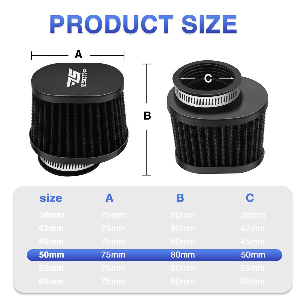 ZSDTRP 2pcs Motorcycle Air Filters 60mm 55mm 50mm Universal for Motorbike Cold Air Intake High Flow Washable Filter