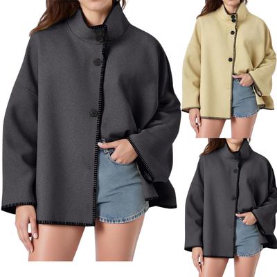 Women's Stand-up Collar Wool Coat, Loose Fit, Contrasting Stitching, Button Closure, Short Wool Blend Jacket With Pockets.