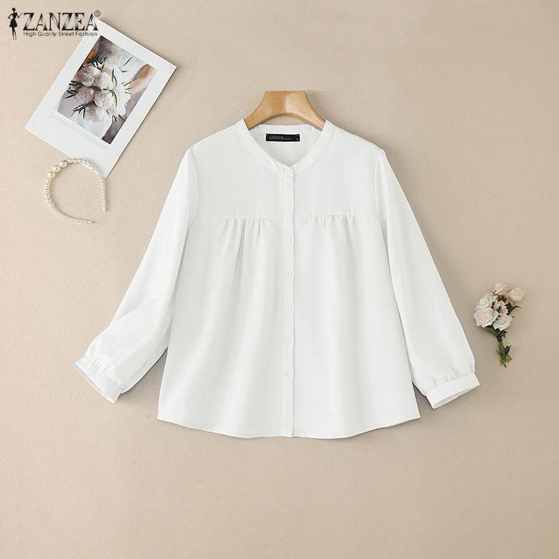 ZANZEA Women Casual Round Neck Solid Color Loose Long Sleeve Blouse