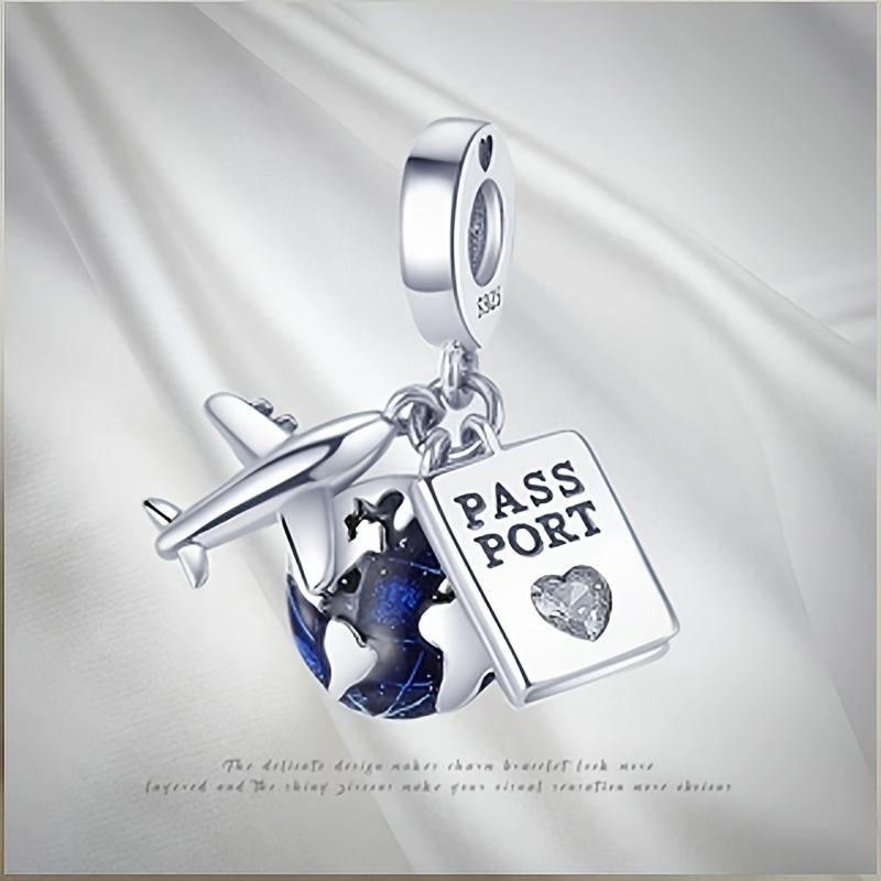 Charms 925 Silver Airplane Passport Earth Beads. Womens Original 925 Bracelets and Bangles DIY Jewelry Pendant Gift