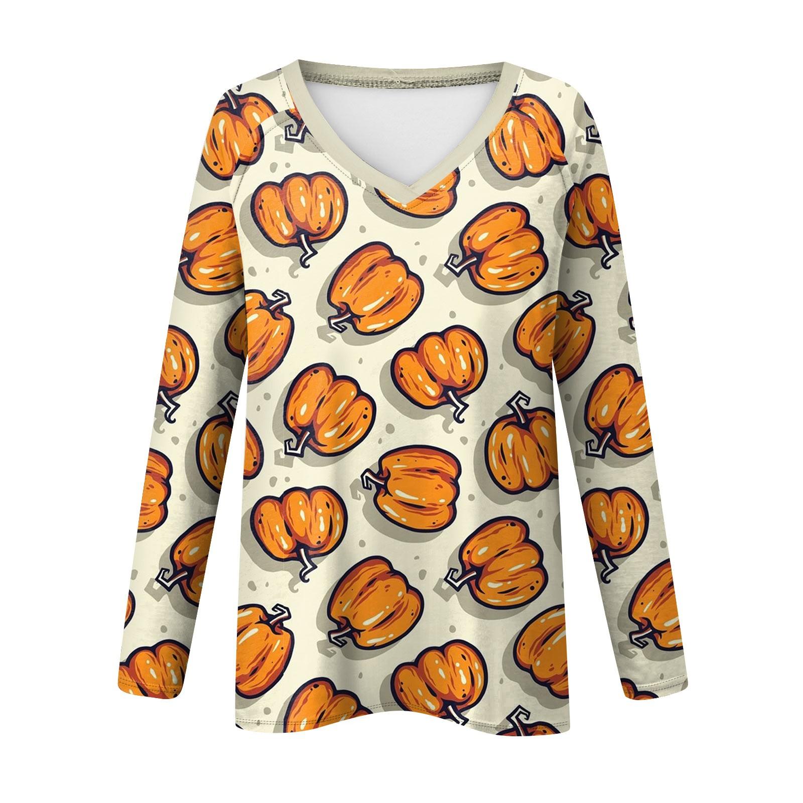 Женская футболка с длинным рукавом и V-образным вырезом с принтом на Хэллоуин — фото 4