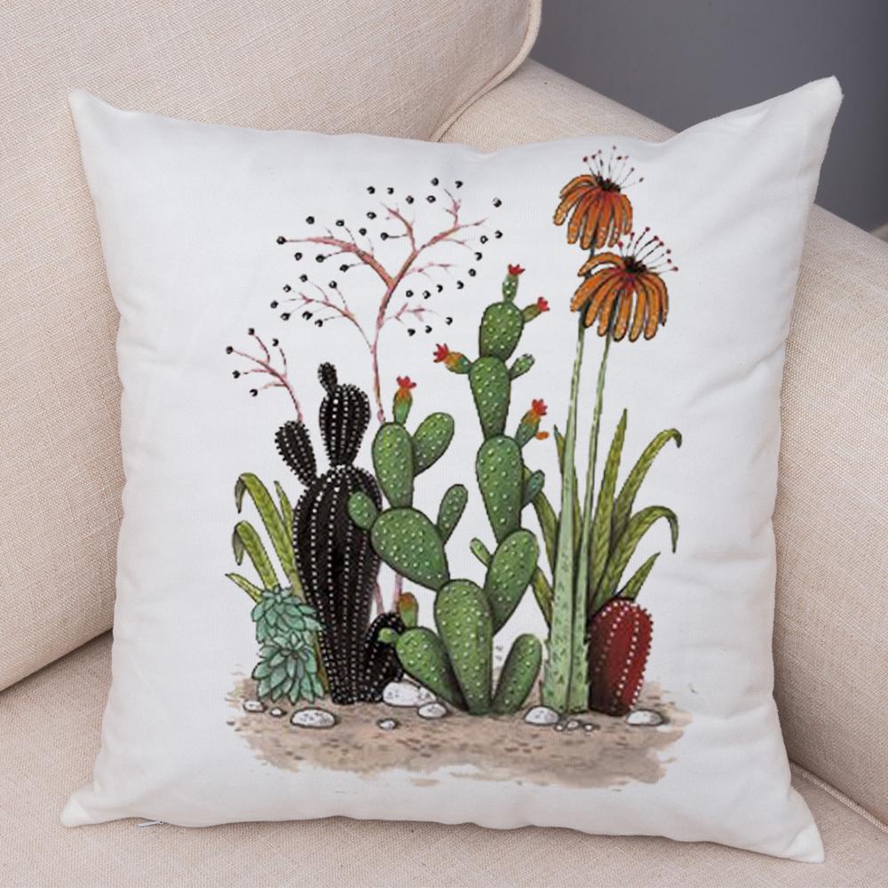 Botanical Garden Pillow Cover Mixed Succulents Cacti and Wildflowers Design Soft Square Cushion for Living Room 45x45cm