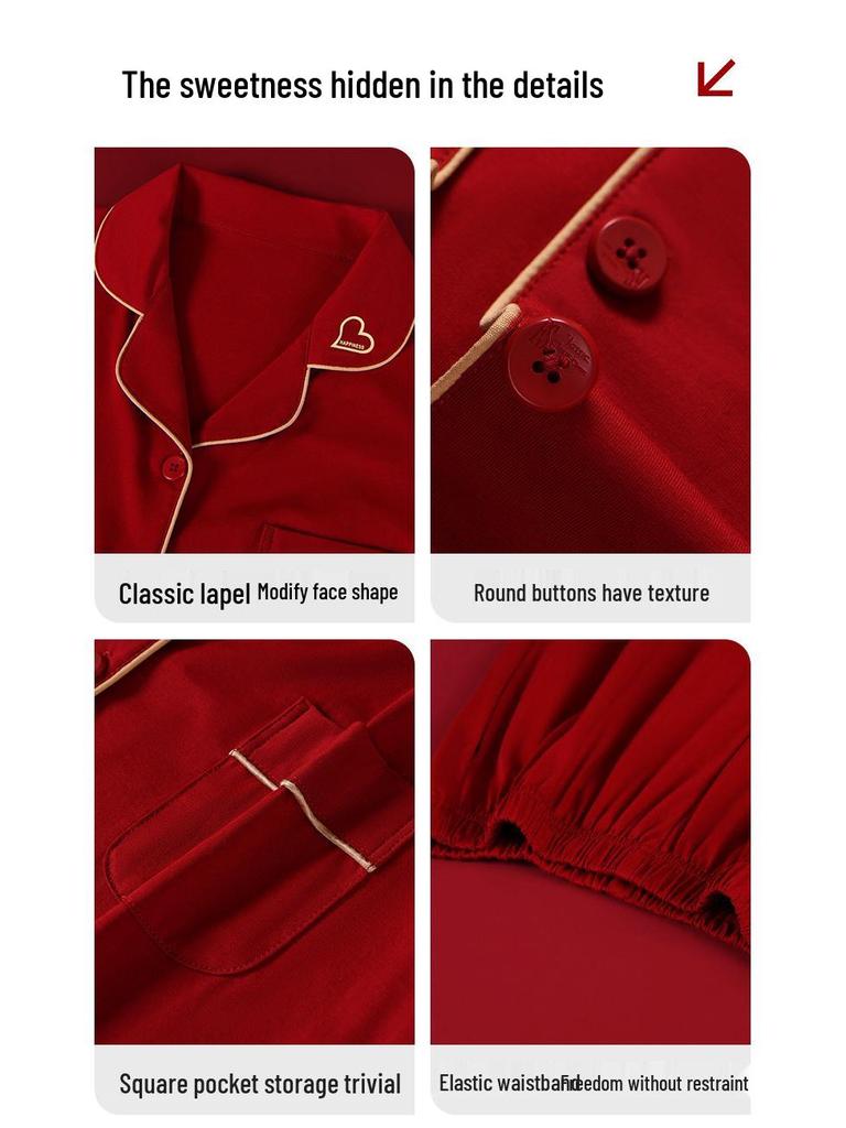 Joyful Together: Romantic Red Cotton Couple Pajamas - Wedding Festive, Comfortable and Long-Lasting.