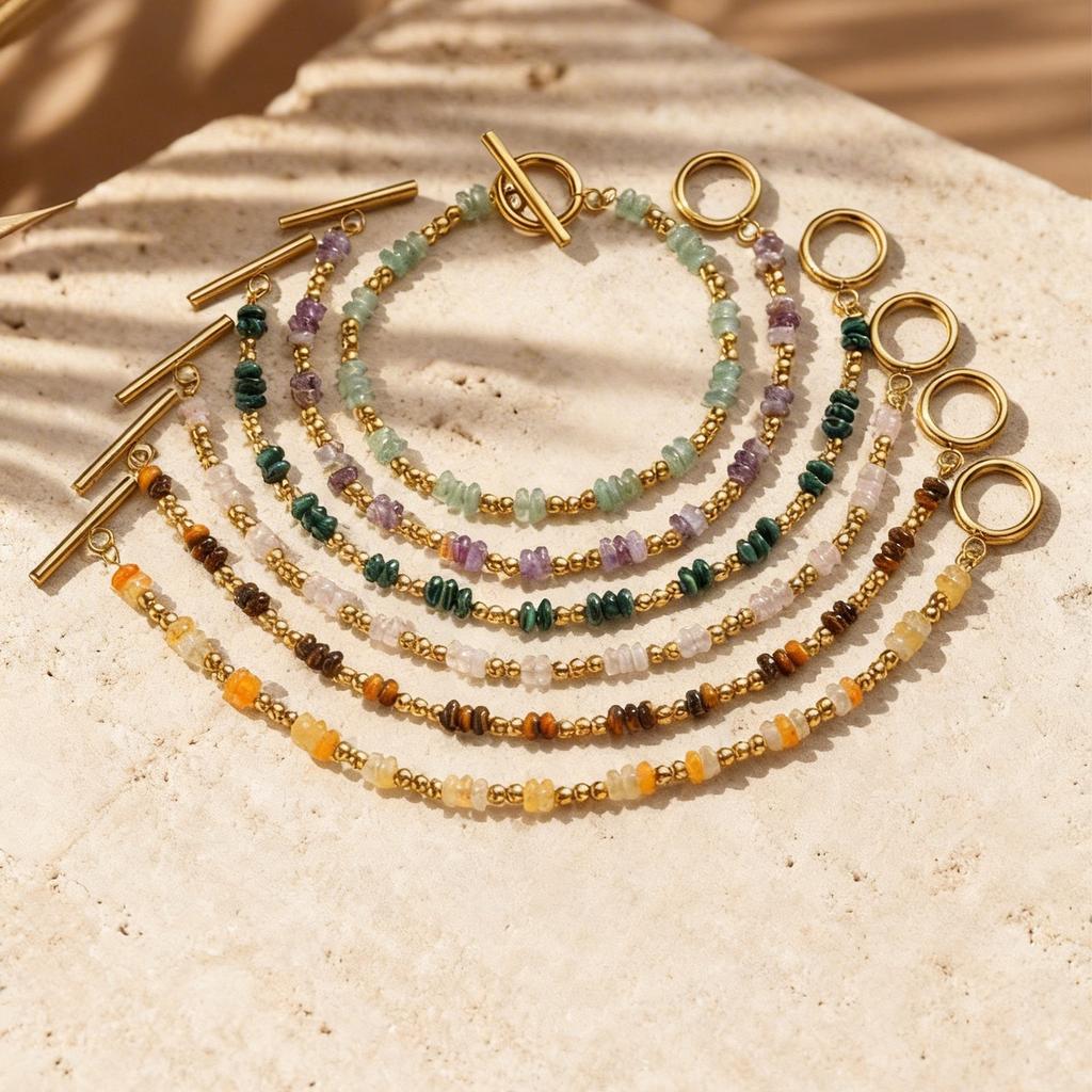 Vnox Natural Stone Small Spacer Beads OT Ring-clasps Chain Bracelet for Women, Amethysts Malachite Green Aventurine Bracelets