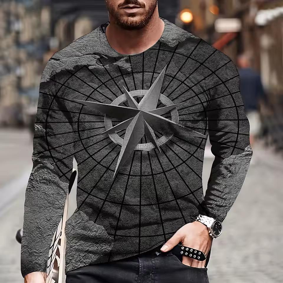 Vintage Men's Long Sleeves T Shirt Fashion Cross Pattern Long Sleeve 3D Clothing Nautical Map Print Street Harajuku Oversized