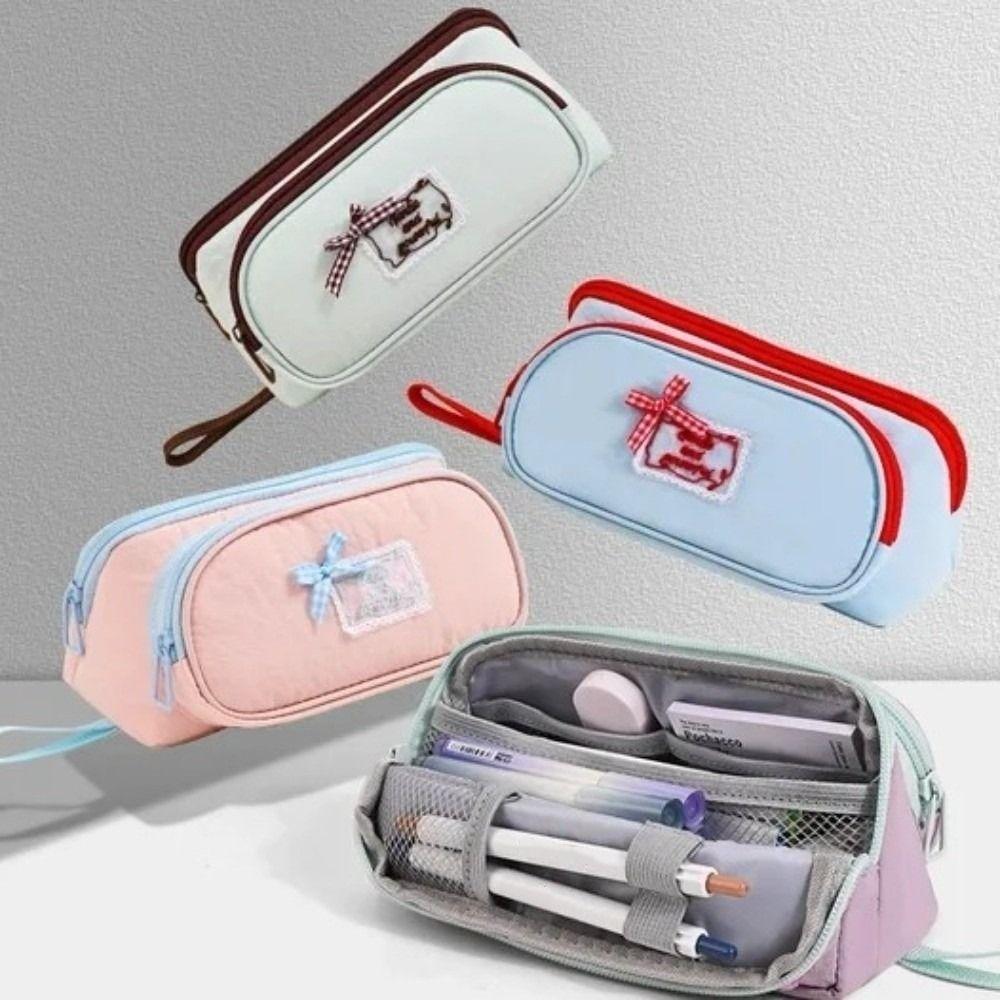 Multi-layer Magnetic Bow Pen Bag Bowknot Pencil Bag Cute Retro Color Pencil Case Daily