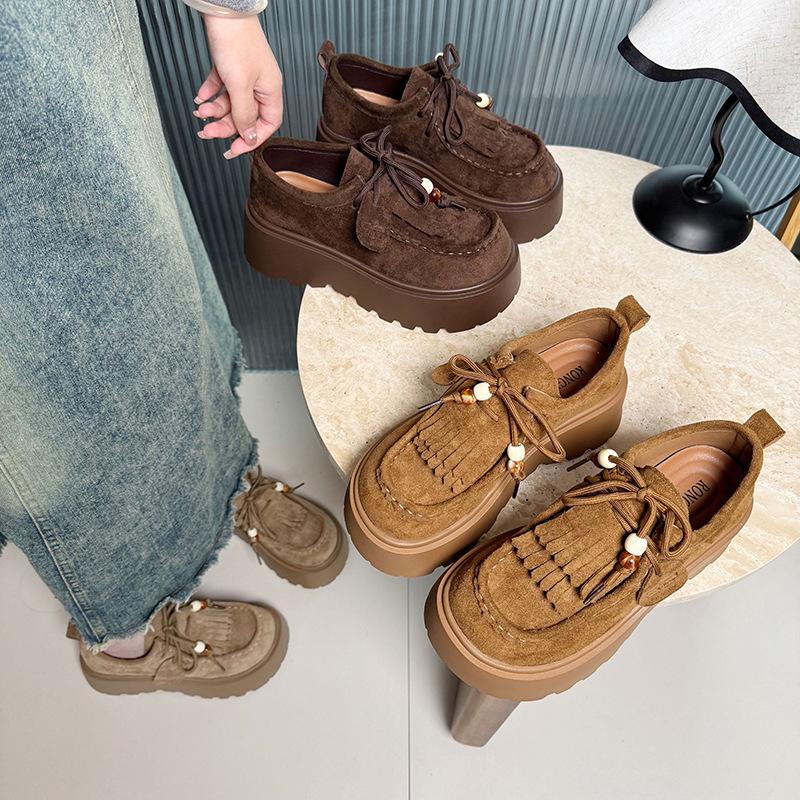 2025 Retro Round Head Lace-up Women's Shoes British Style Platform Versatile Small Fringed Loafers Women's Single Shoes Trend
