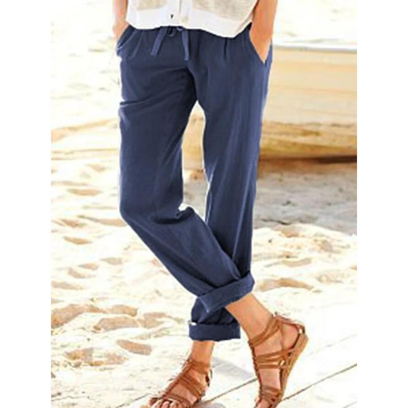

Весенние и летние женские брюки, однотонные хлопковые и льняные свободные повседневные брюки с широкими штанинами и эластичной резинкой на талии XL синий