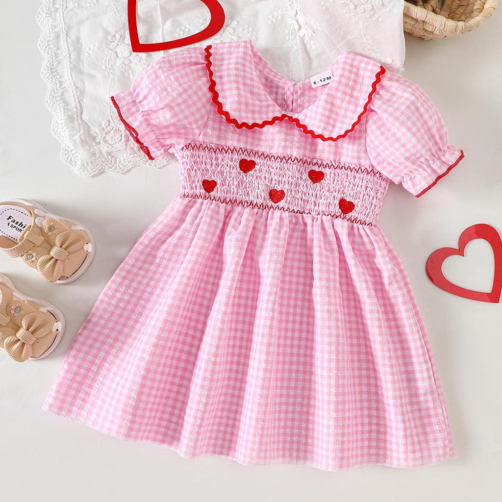 Girls' Heart Embroidery Dress with Doll Collar & Puff Sleeves