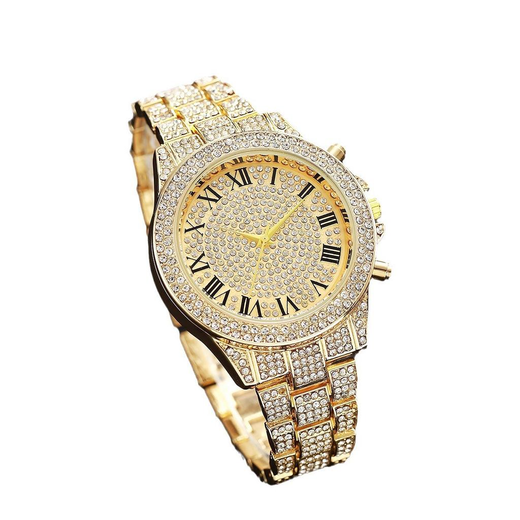 Full diamond Roman literal steel strap watch temperament business quartz watch hip hop style full diamond bracelet set men and w