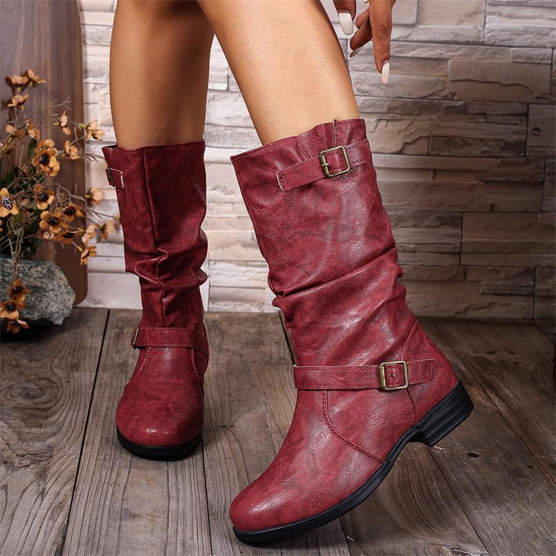 2025 Autumn Vintage Red Boots For Woman Buckle Strap Gothic Boots Woman Leather Boots Comfortable Round Toe Women's High Boots