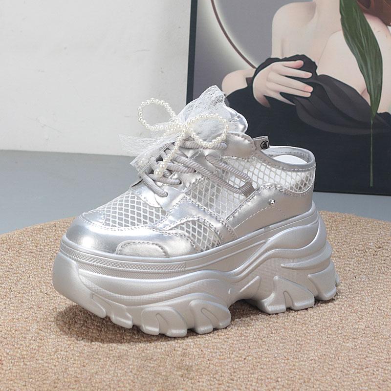 Fashion 11CM Air Mesh Lace Genuine Leather Comfy Platform Wedge Slippers High Brand Breathable Summer Platform Wedge Casual Shoes