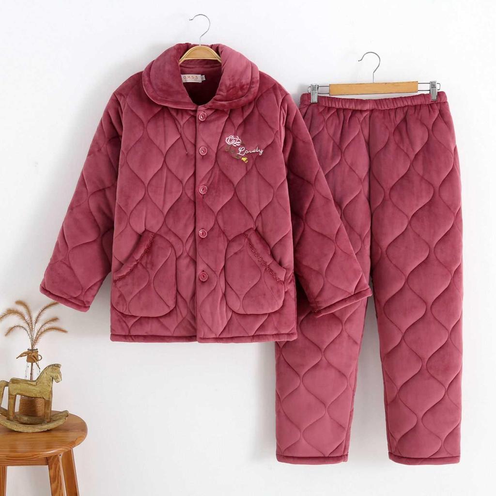 Three-Layer Fleece-Lined Quilted Winter Pajama Set for Elderly Women - Warm Coral Fleece Home Wear & Outerwear