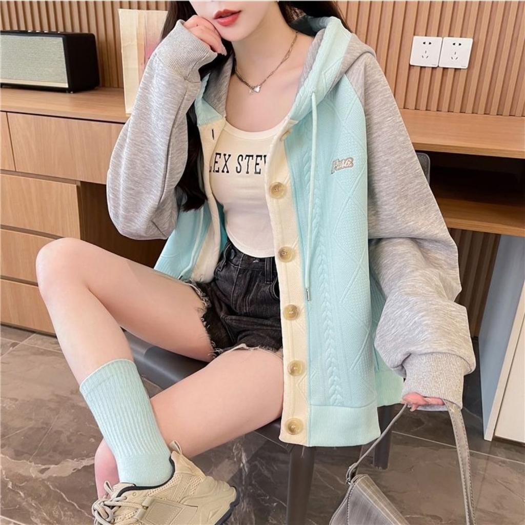 Color Blocked Hooded Jacket for Women In Plus Size, Spring and Autumn New Thin, Medium and Long Single Breasted Patchwork Hoodie for Women