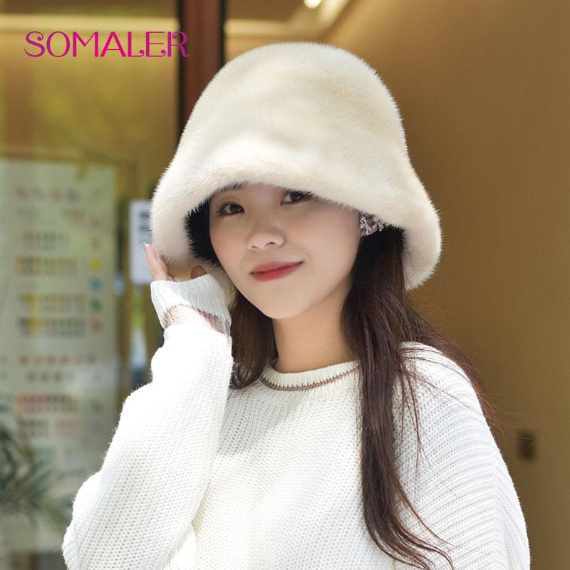 

SOMALER женские зимние меховые шапки, сшитые вручную из натурального норкового меха, теплые модные однотонные русские женские ветрозащитные шапки-ушанки бежевый