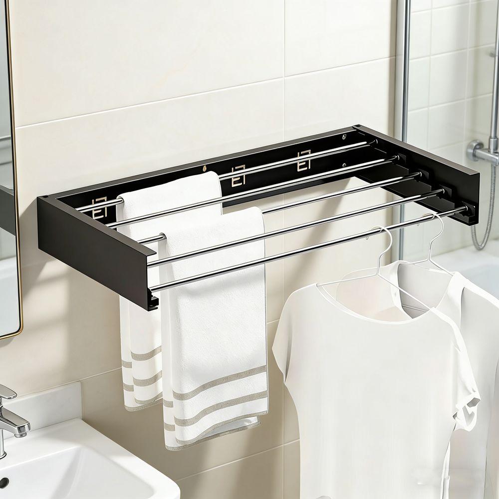Carbon Steel Invisible Clothes Drying Rack 5 Rods Wall Mounted Hidden Drying Rack Space Saving 60CM Clothesline Pole Hanger