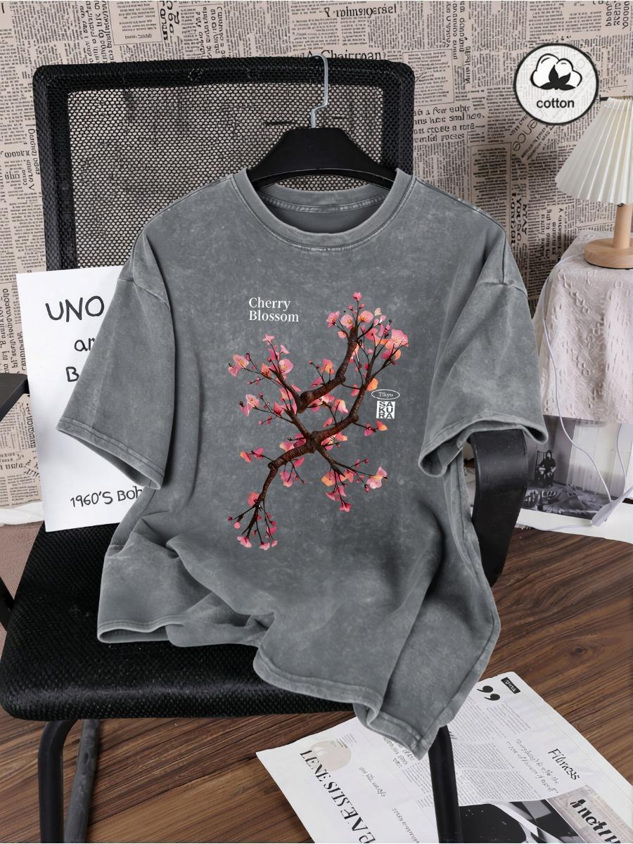 Tokyo Harajuku Kersenbloesem Print Gewassen T-shirts Dames Katoen Casual T-shirt Y2K Zomer Korte Mouwen Oversized Ronde Hals Tops M gray
