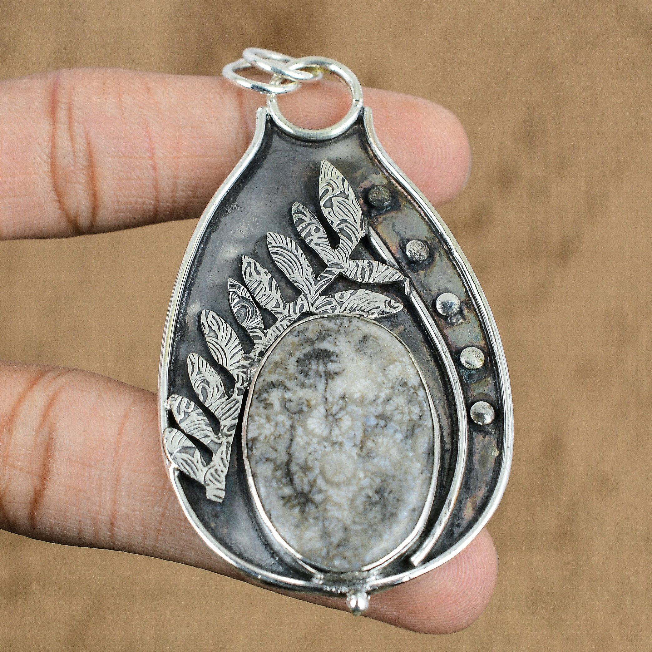 

Easter Sale Sterling Silver Oval Fossil Coral Gemstone Mother Birthday Pendant