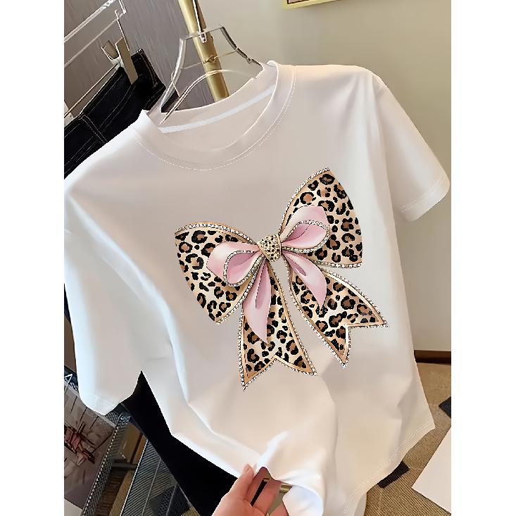 Gentle and wild style Leopard print pink bow with rhinestone embellishments women s round neck short sleeve shirt T Shirt Spring and Summer S