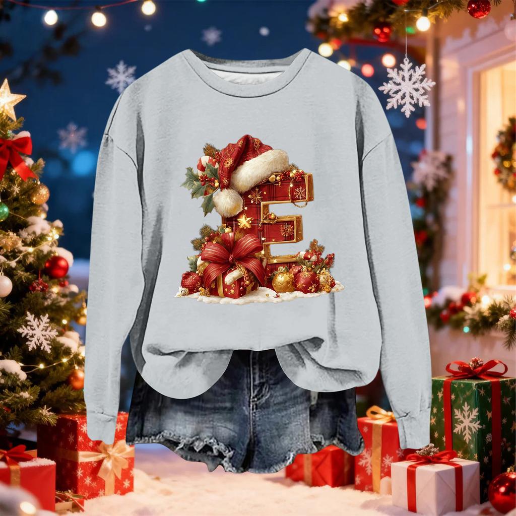 Women's Fashionable Casual Long-Sleeved Christmas Letter Print Crew-Neck Sweatshirt