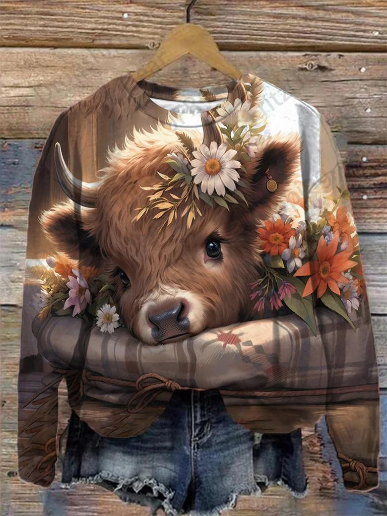 Damen T-Shirt 3D Cartoon Tier Kuh Print Sweatshirt Casual Oansatz Hoodie Mode Frauen Sweats Frühling Herbst Mantel Sudaderas Femme