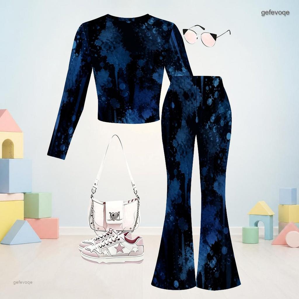 Girls Dark Blue Printed Round Neck Long Sleeve Crop Top Flared Pants Two Piece Set