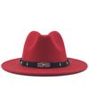 Wide Brim Wool Felt Fedora Panama Hat with Belt Buckle Jazz Trilby Cap for Men Women Pink Black 56-60CM
