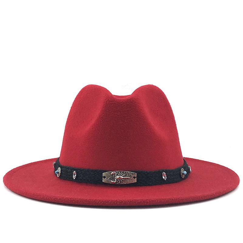 Wide Brim Wool Felt Fedora Panama Hat with Belt Buckle Jazz Trilby Cap for Men Women Pink Black 56-60CM