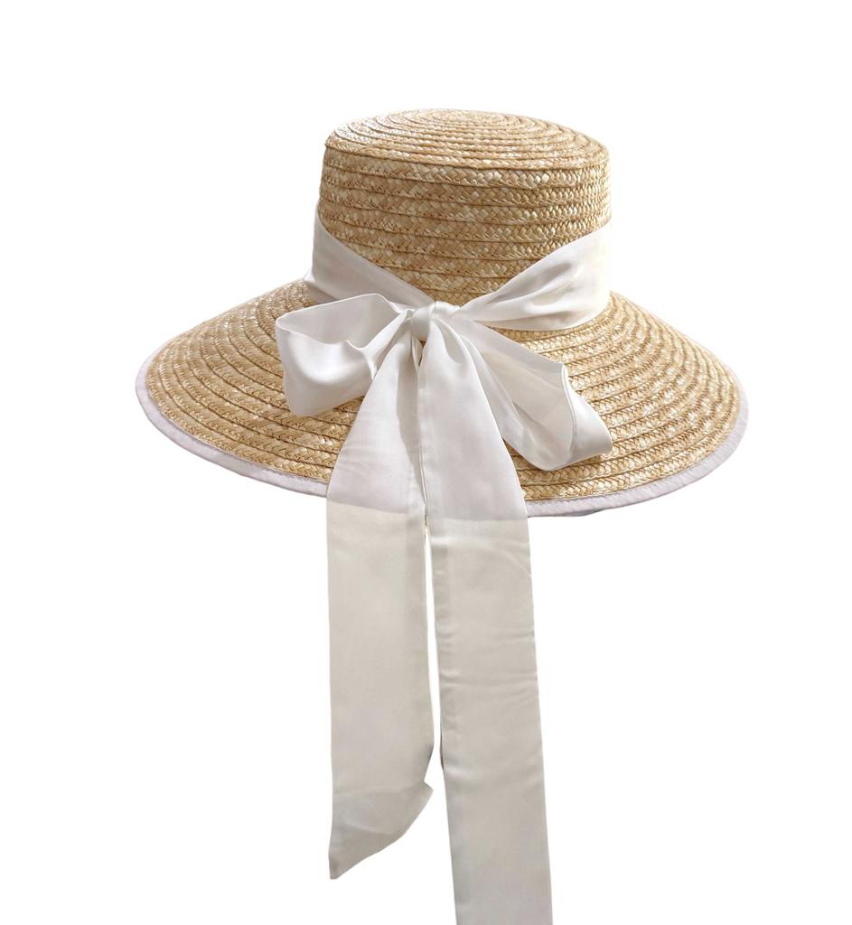 Boater Straw Hat wide brim French elegant square ribbon women's sun hat holiday straw hat