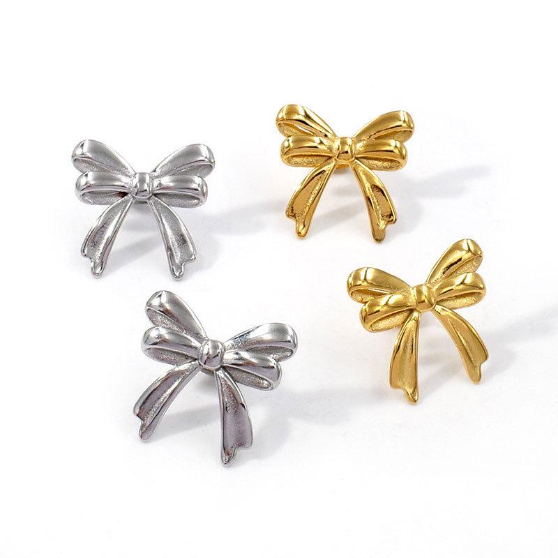 Gold-Plated Bow Earrings - Women's Titanium Steel Light Luxury French Design