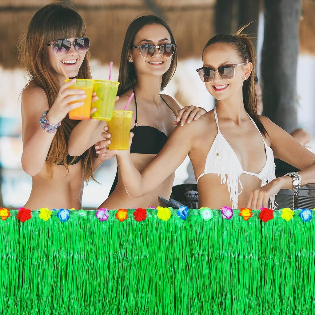 6 Pieces Luau Green Grass Table Skirt 9 ft x 29 Inch Hawaiian Luau Table Skirt Raffia Fringe Skirt Hawaiian Tropical Party Supplies for Tropical