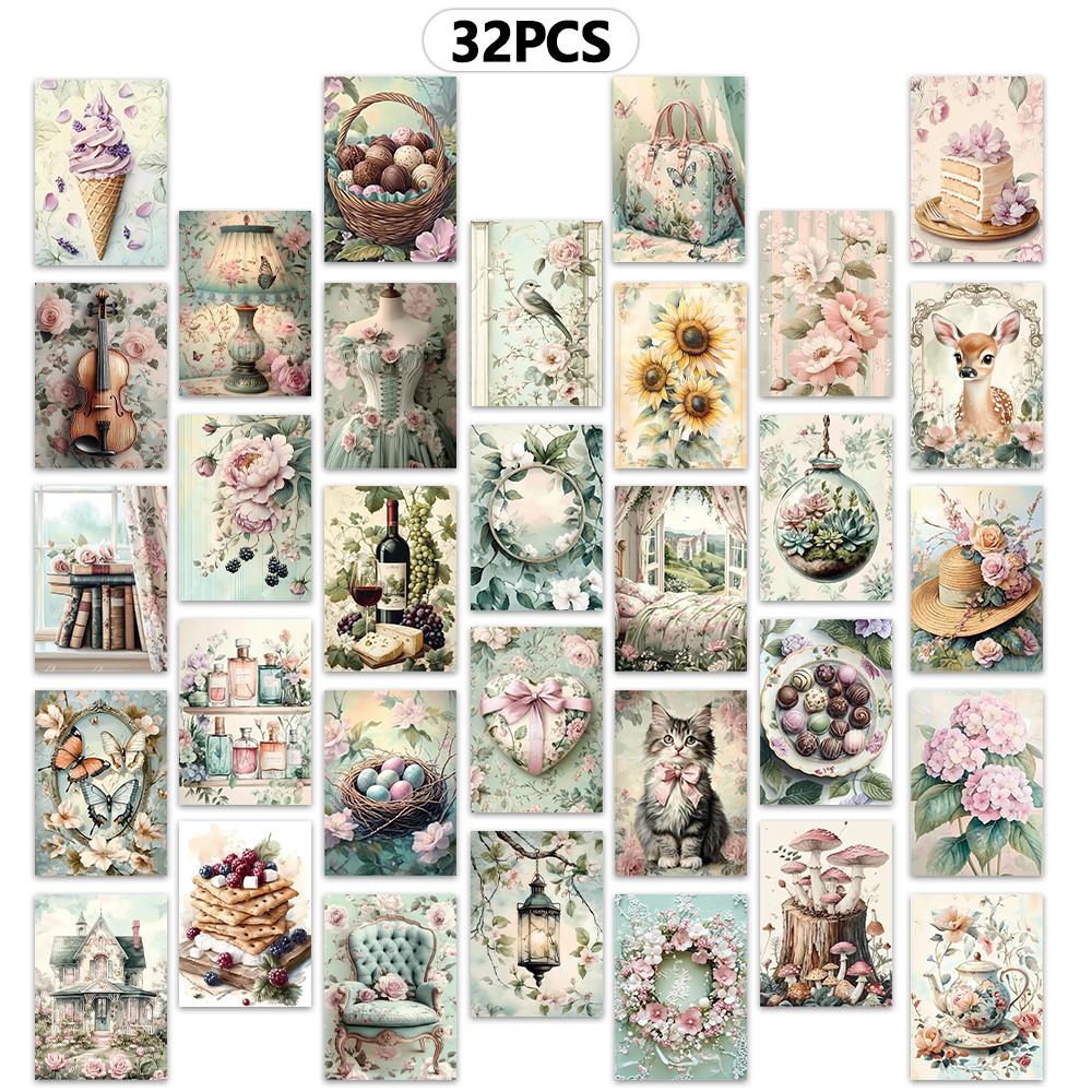 

32pcs, vintage mint spring postcards, perfect for birthday/anniversary gifts, suitable for collecting, giving, and mailing.