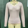 Ladies Spring Autumn Long Sleeve Shirring V Neck Striped Printed Pullover Casual T Shirt Top