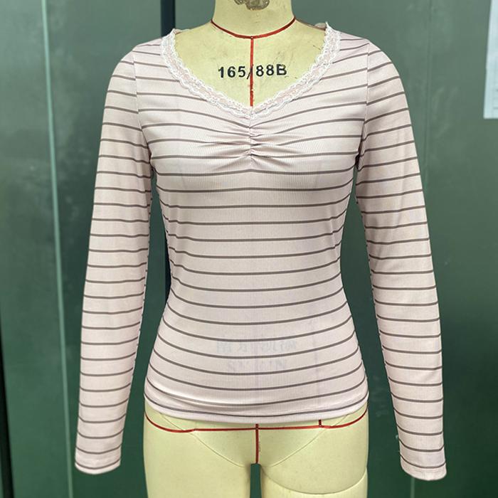 Ladies Spring Autumn Long Sleeve Shirring V Neck Striped Printed Pullover Casual T Shirt Top