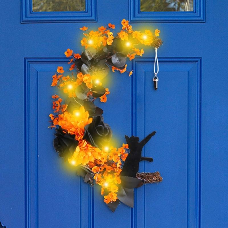Halloween Moon Cat Wreath Simulation Hanging Pendant Autumn Rustic Crafts Spooky Halloween Decorations for Home Party