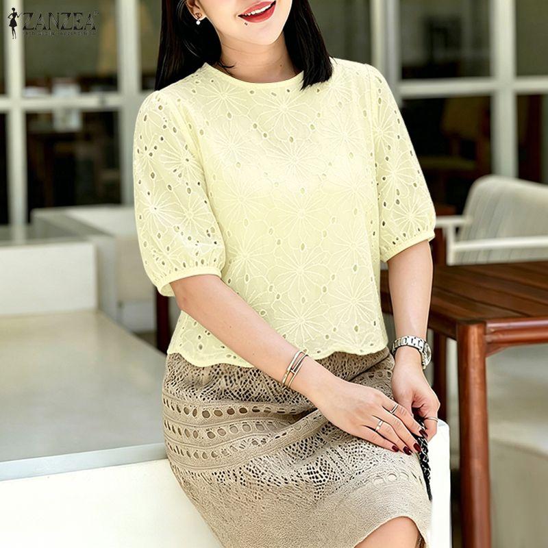 ZANZEA Women Casual Round Neck Lace Crochet Patchwork Summer Short Sleeve Blouse S