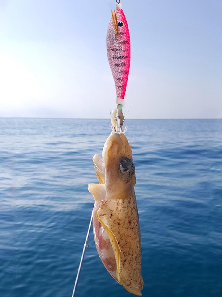 Glowing Horizontal Squid Trolling Lure Artificial Squid Jigging Eging Wood Shrimp Hooks Octopus Hook Cuttlefish Bait for Fishing