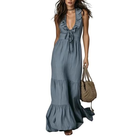Women s Ruffle Deep V Neck Maxi Dress, Sleeveless Tiered Ruffle A-line Long Dress, Summer Beach Vacation Sundress XXL серый