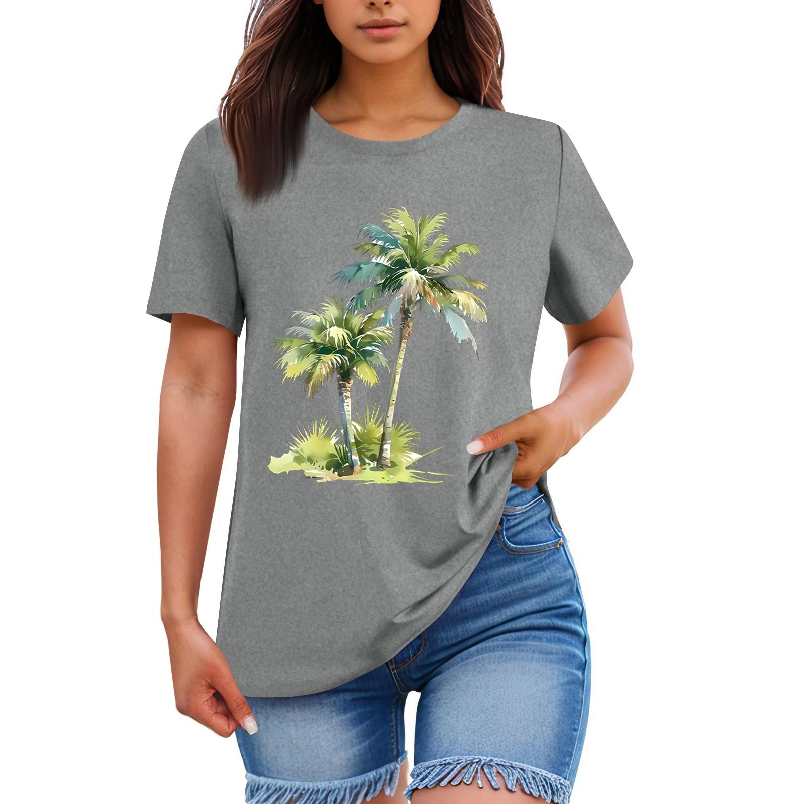 

Женская свободная удобная повседневная и модная рубашка с гавайским принтом растений, круглым вырезом и короткими рукавами XXL