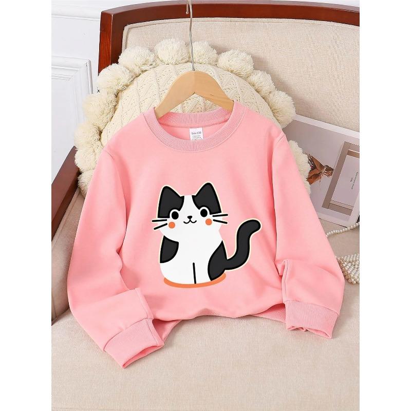 Kids Sweatshirt - Cute Cat with Black And White Pattern Machine Washable, Spring And Autumn, Sportswear And Casual Wear, Soft And Comfortable