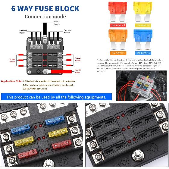 6 Way 12V Fuse Box Blade with LED Indicator Damp-Proof Cover - Individual Positive Fuse Holder with Ground Bus Holder for 12V/24V Vehicle Car Boat