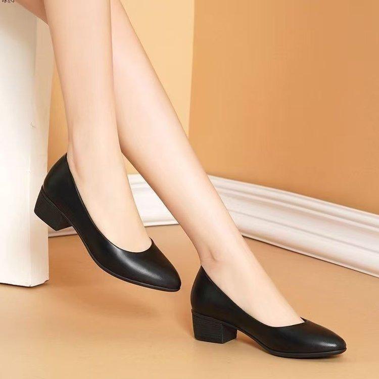 

New Women s Chunky Heel Pointed-Toe Flats - Black Genuine Leather Mid-Heel Shoes | Lightweight Cushioned Sole 38