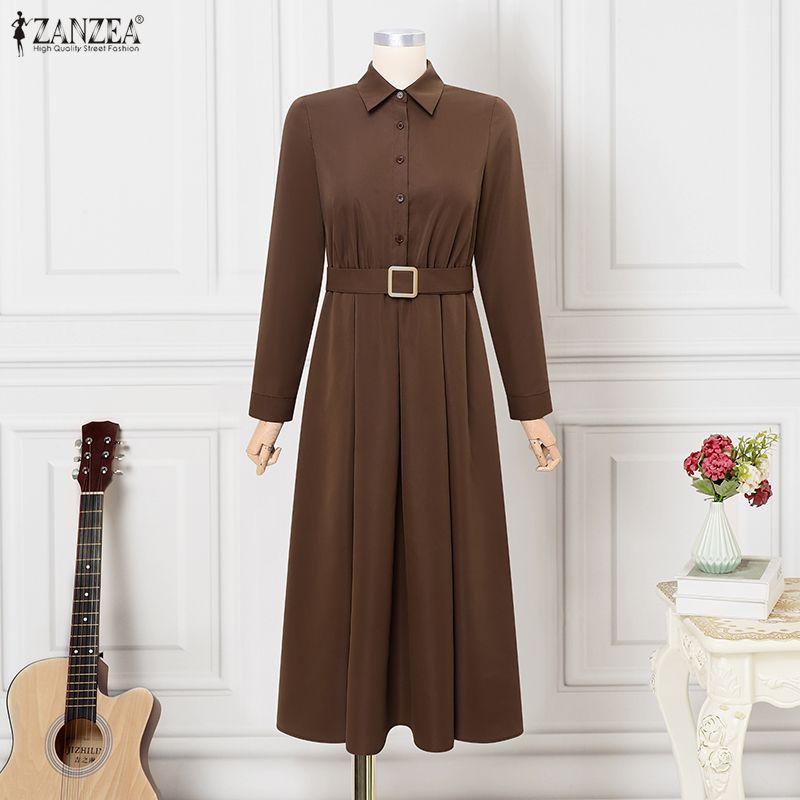 ZANZEA Damen Casual Turn Down Kragen Lose Langarm Shirt Kleid