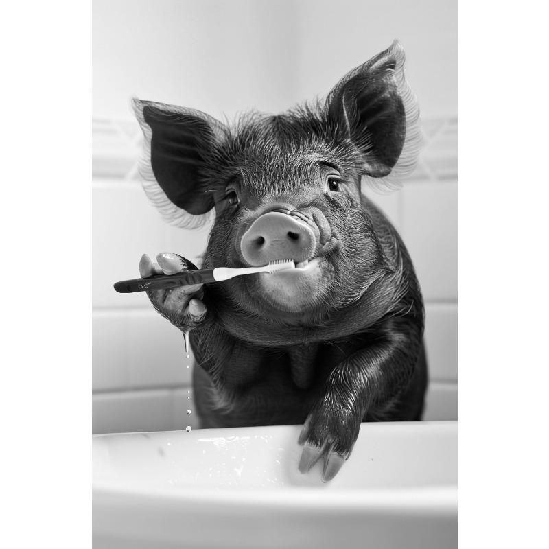 Black And White Cartoon Abstract Cute Animals Duck Hippo Panda Alpaca Brush Teeth Posters Canvas Prints Art Home Room Wall Decor