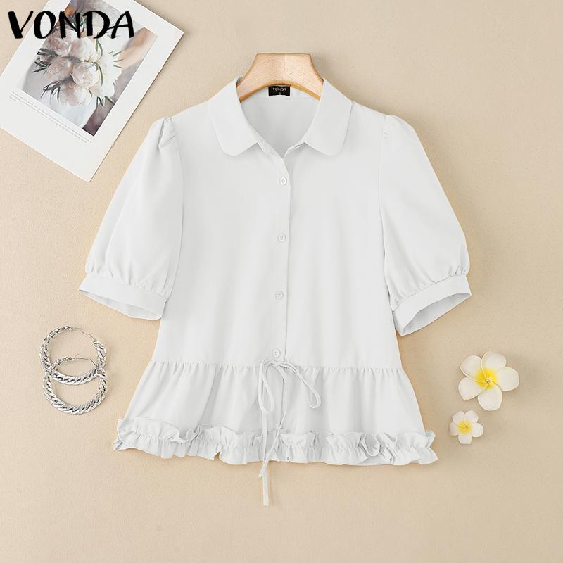 

VONDA Women Puff Short Sleeve Blouse Casual Buttons Ruffled Tops S білий