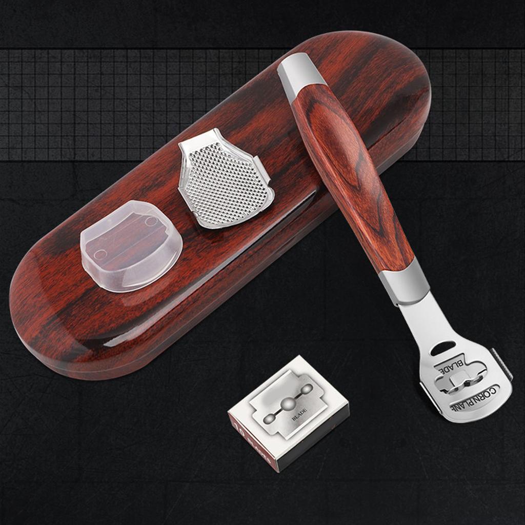 Rakapparat i rostfritt stål för förhårdnader, träfiberfil för fotfil, set med hård död hudborttagning och förvaringslåda för 10 blad